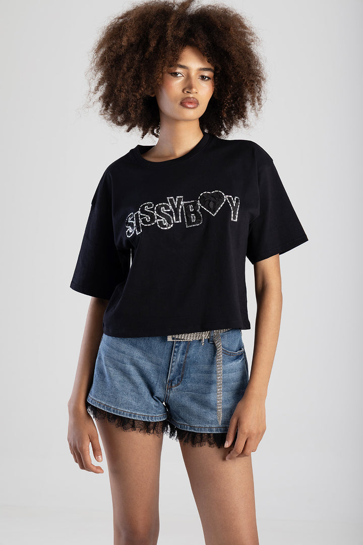 Call Me Yours Boxy Top With Textured Bling Logo - Black