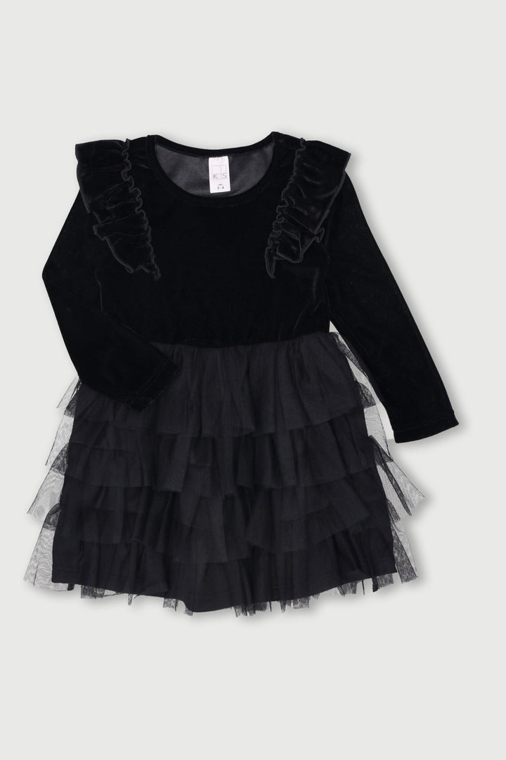 Pre-Girls Long Sleeve Velvet Mesh Rara Dress - Black