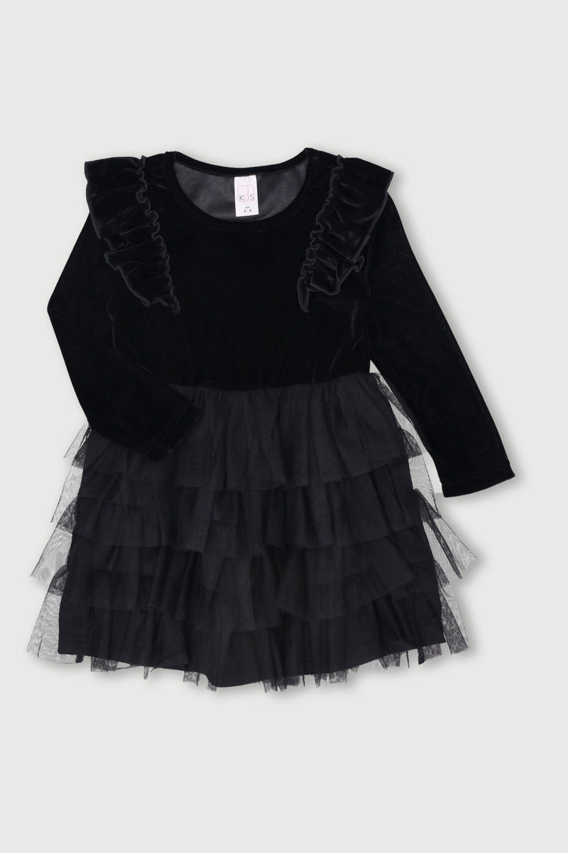 Pre-Girls Long Sleeve Velvet Mesh Rara Dress - Black