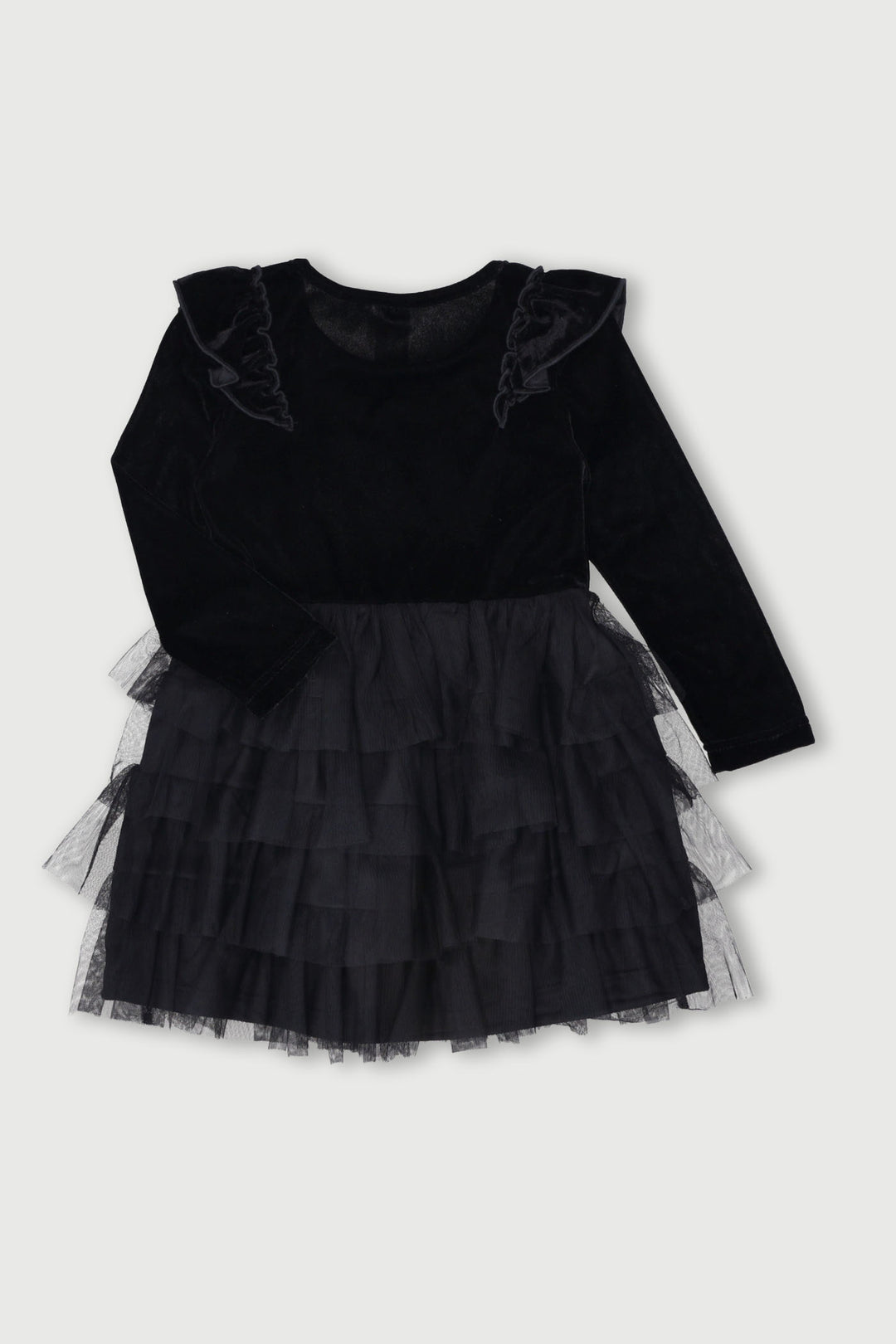 Pre-Girls Long Sleeve Velvet Mesh Rara Dress - Black