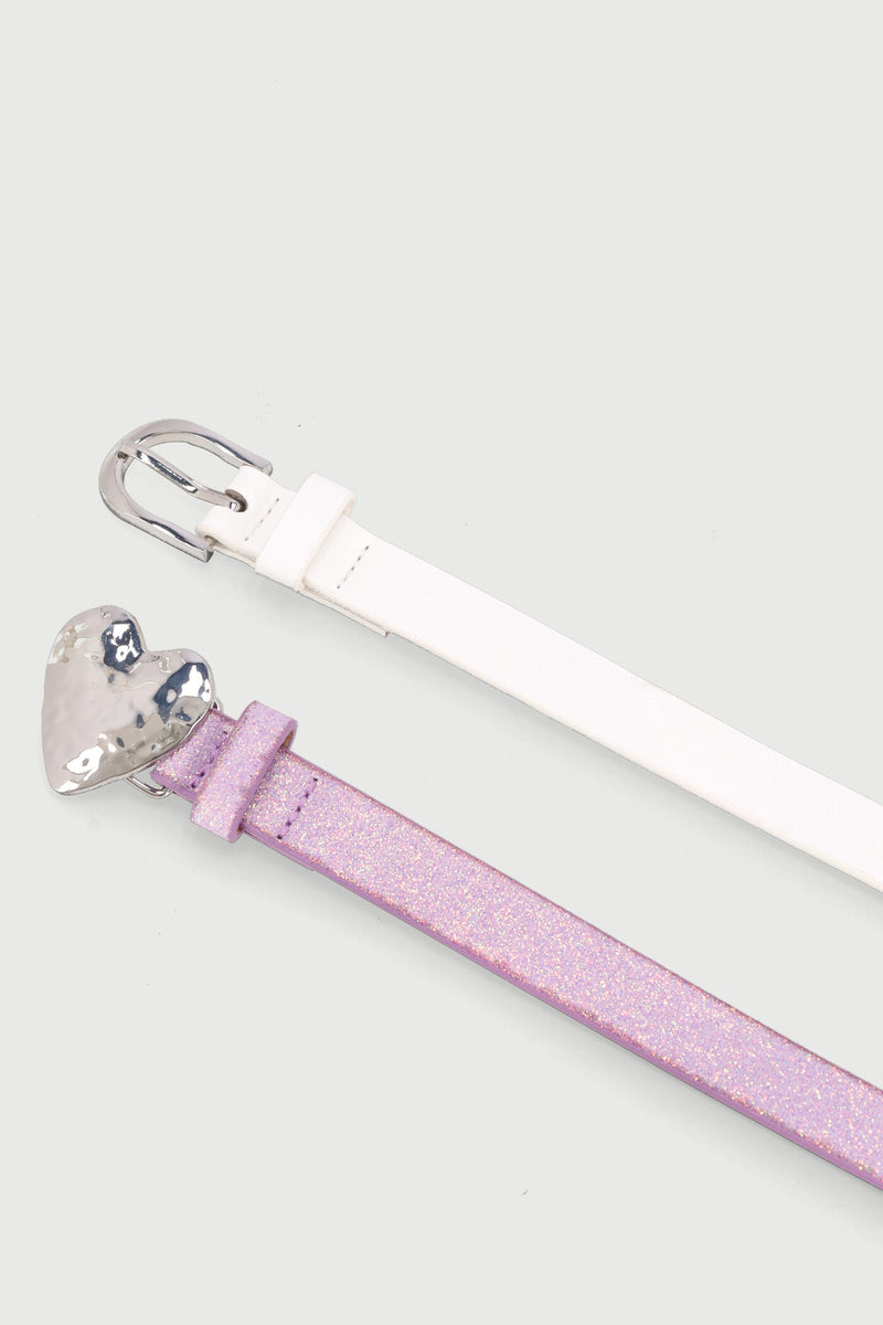 Pre-Girls 2 Pack Plain & Glitter Heart Buckle Belts - Multi