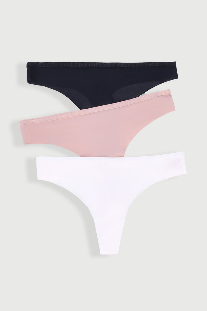 3 Pack Lazercut Thong Panties - Mocha/Black/White