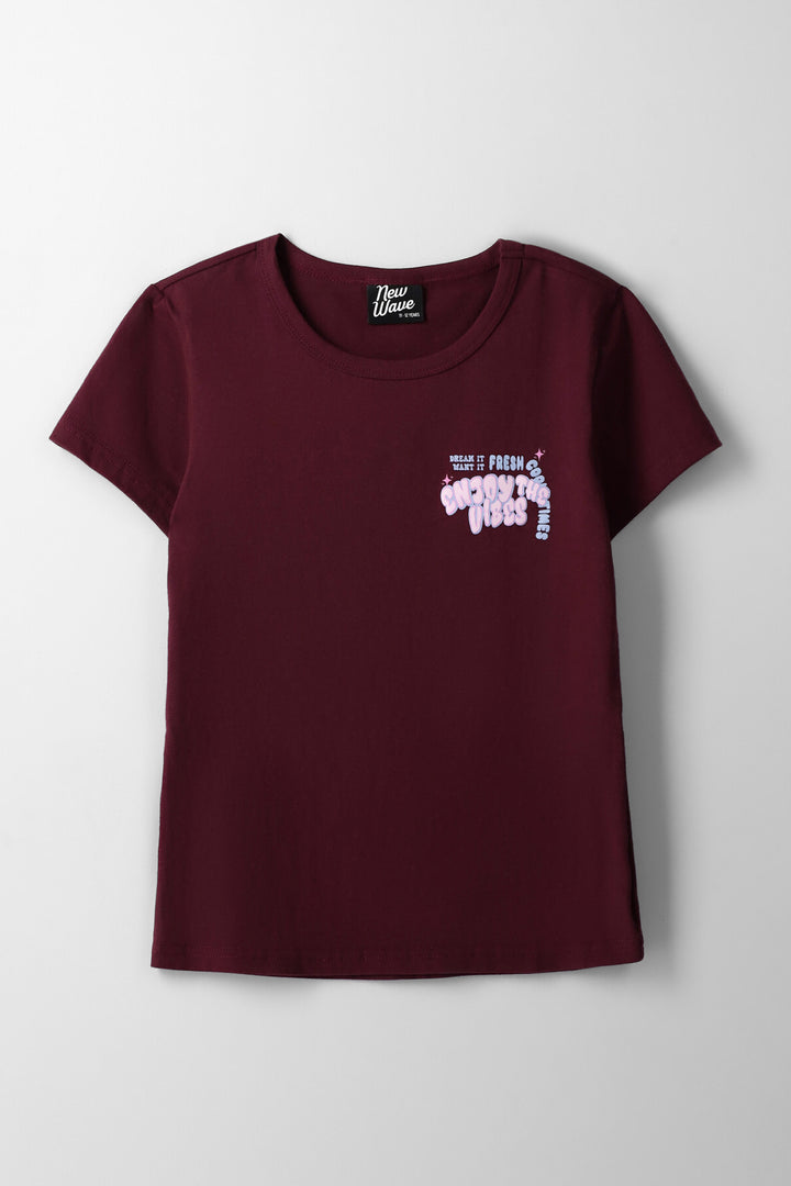 Girls Fitted Enjoy The Vibes Tee - Maroon
