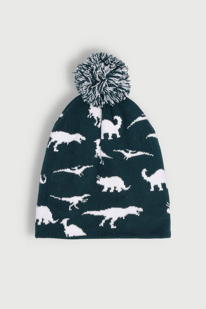 Pre-Boys Dino Print Beanie - Dark Green