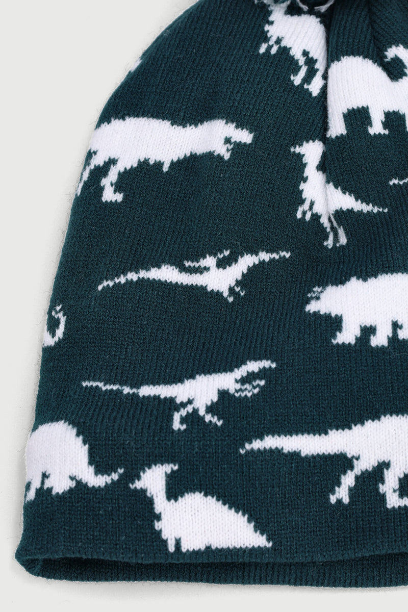 Pre-Boys Dino Print Beanie - Dark Green