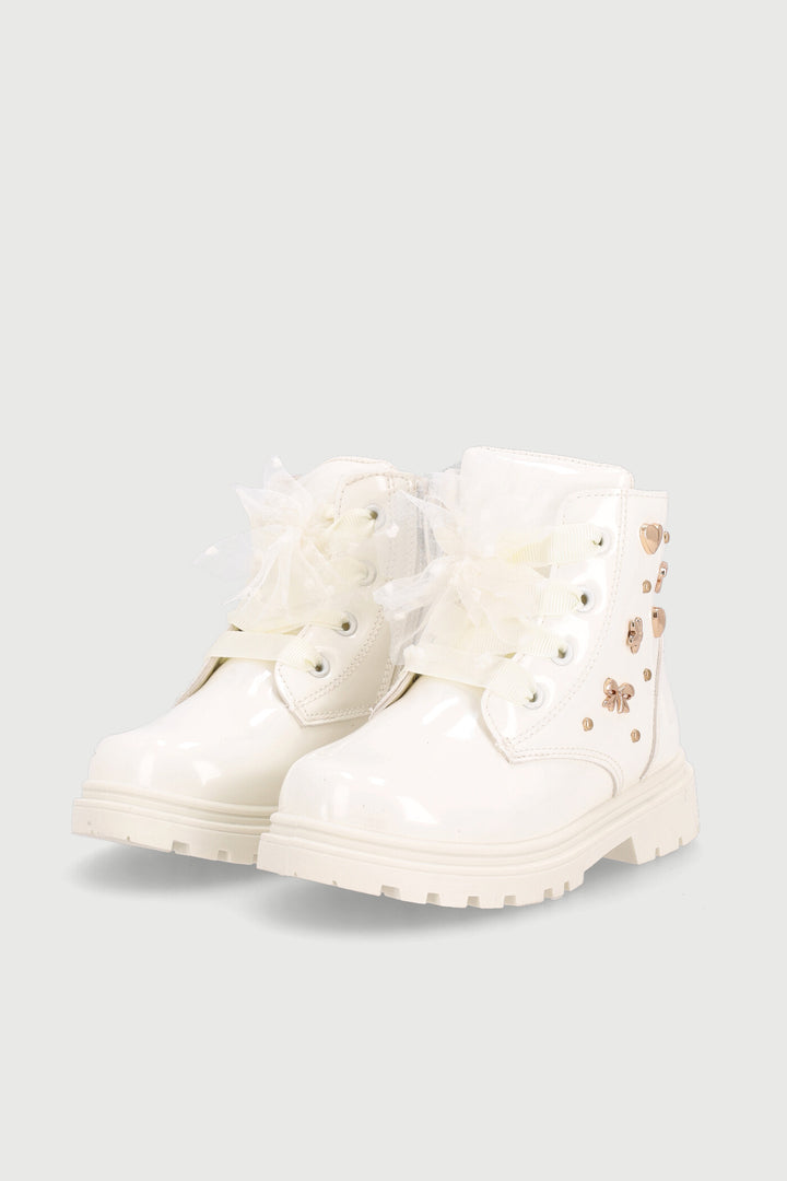 Pre-Girls Stud Military Boot - Cream