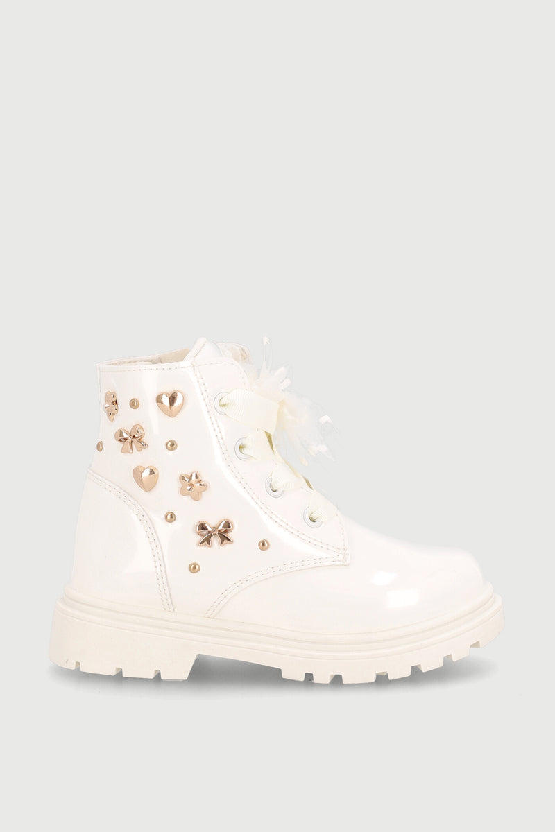 Pre-Girls Stud Military Boot - Cream