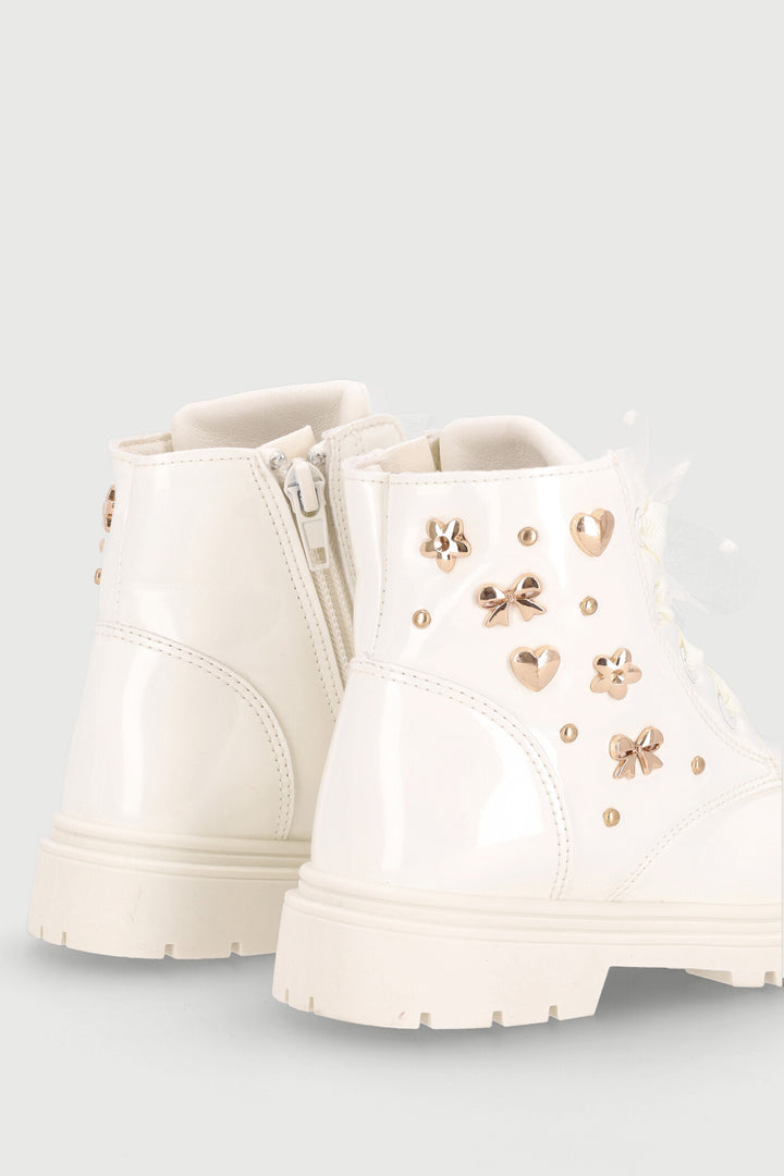 Pre-Girls Stud Military Boot - Cream