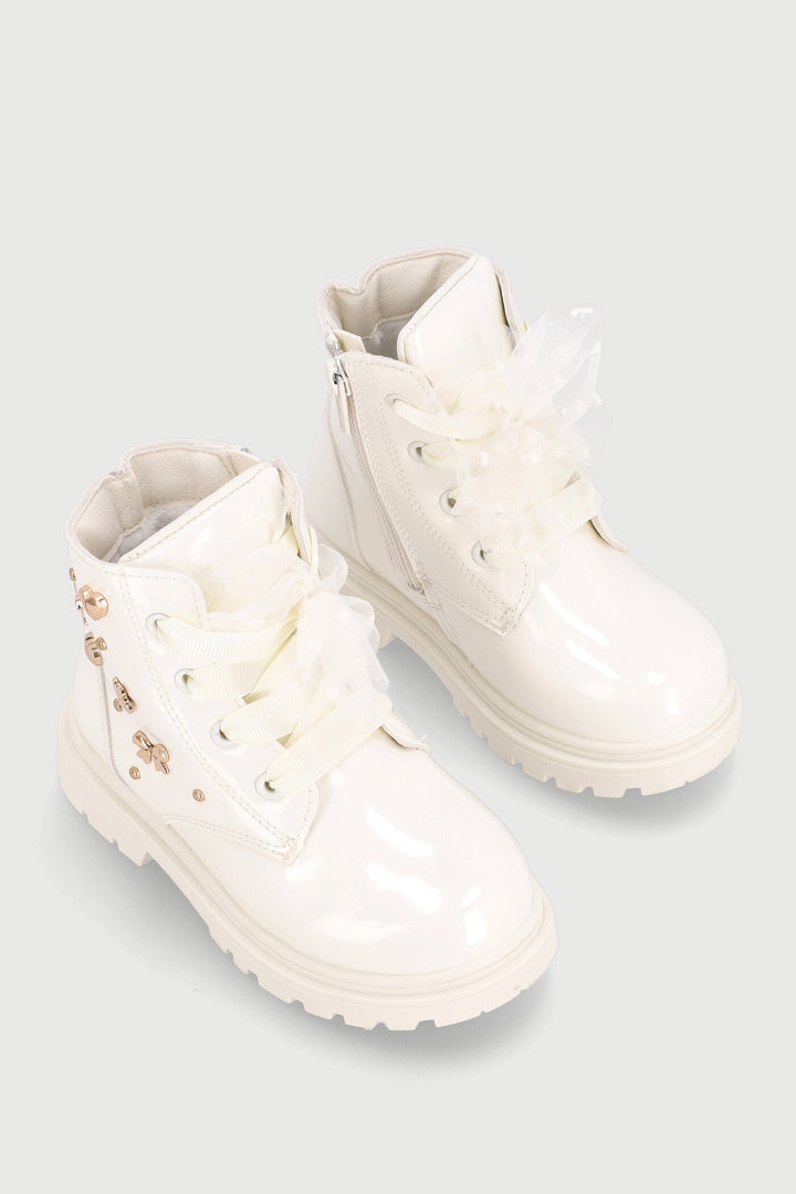 Pre-Girls Stud Military Boot - Cream
