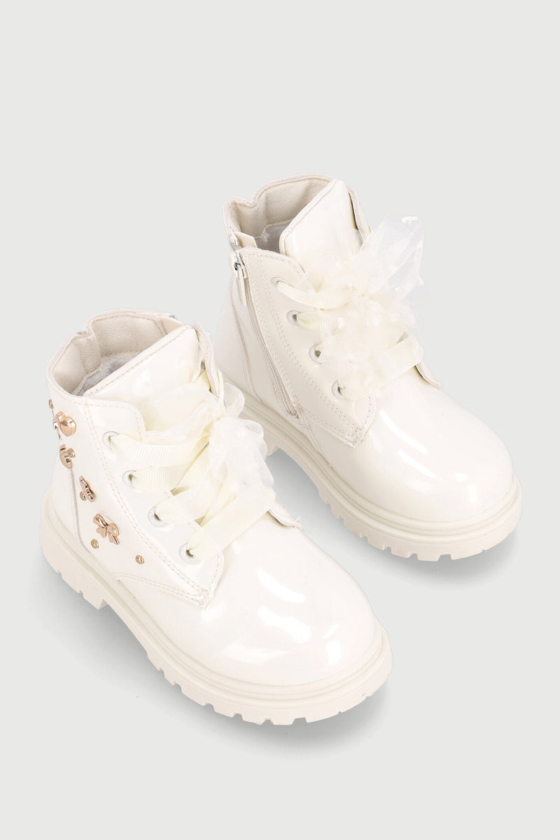 Pre-Girls Stud Military Boot - Cream