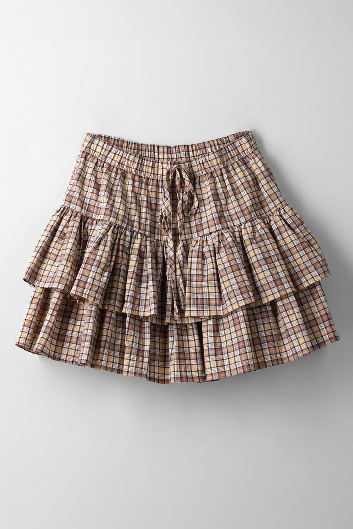 Girls Check Rara Skirt With Mock Tie - Brown