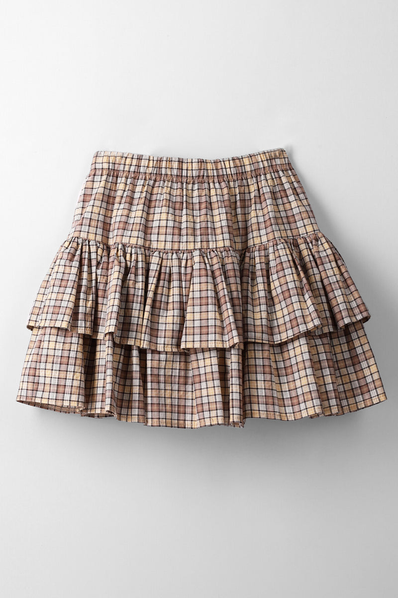Girls Check Rara Skirt With Mock Tie - Brown