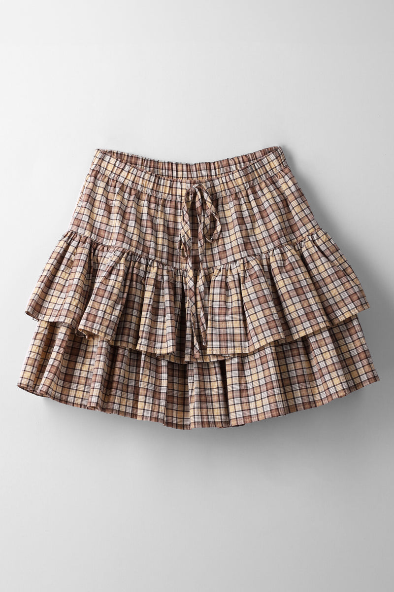 Girls Check Rara Skirt With Mock Tie - Brown