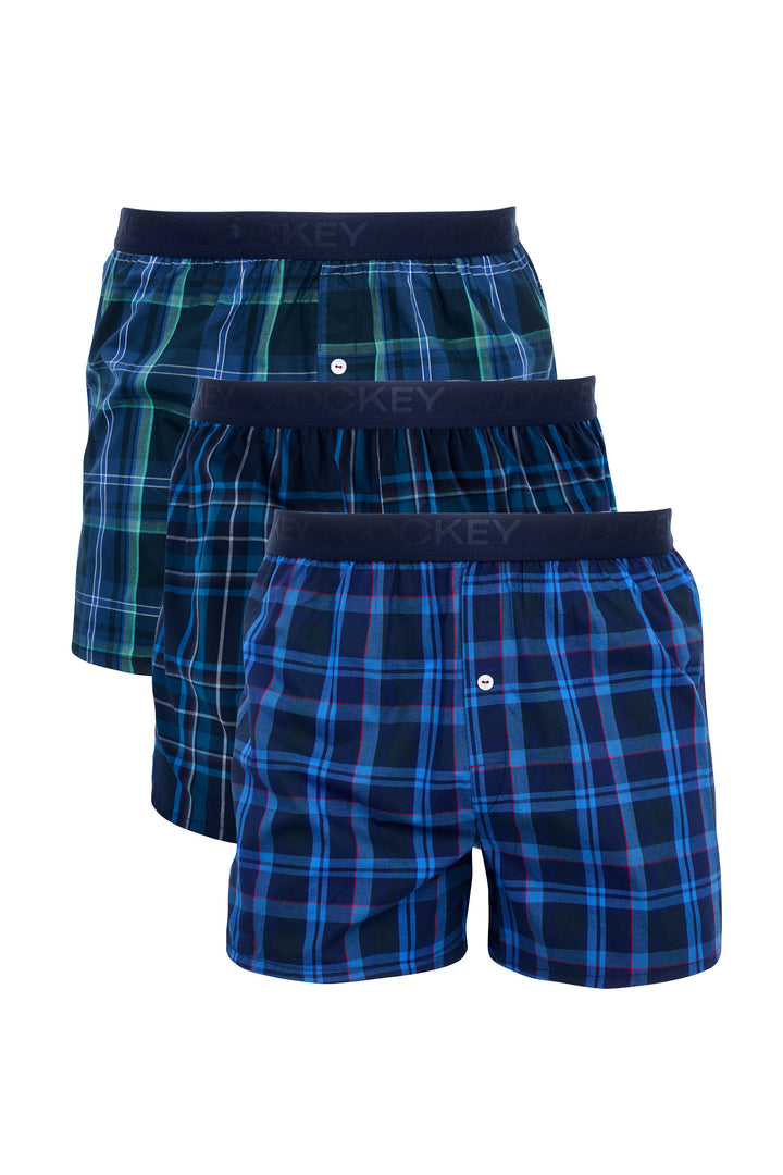 3 Pack Woven Boxers  - Blue/Red/Black