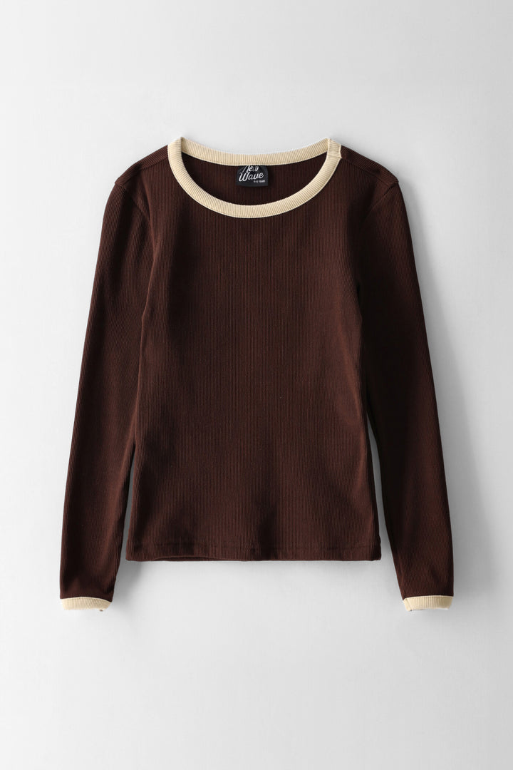 Girls Contrast Binding Ribbed Long Sleeve Tee - Brown