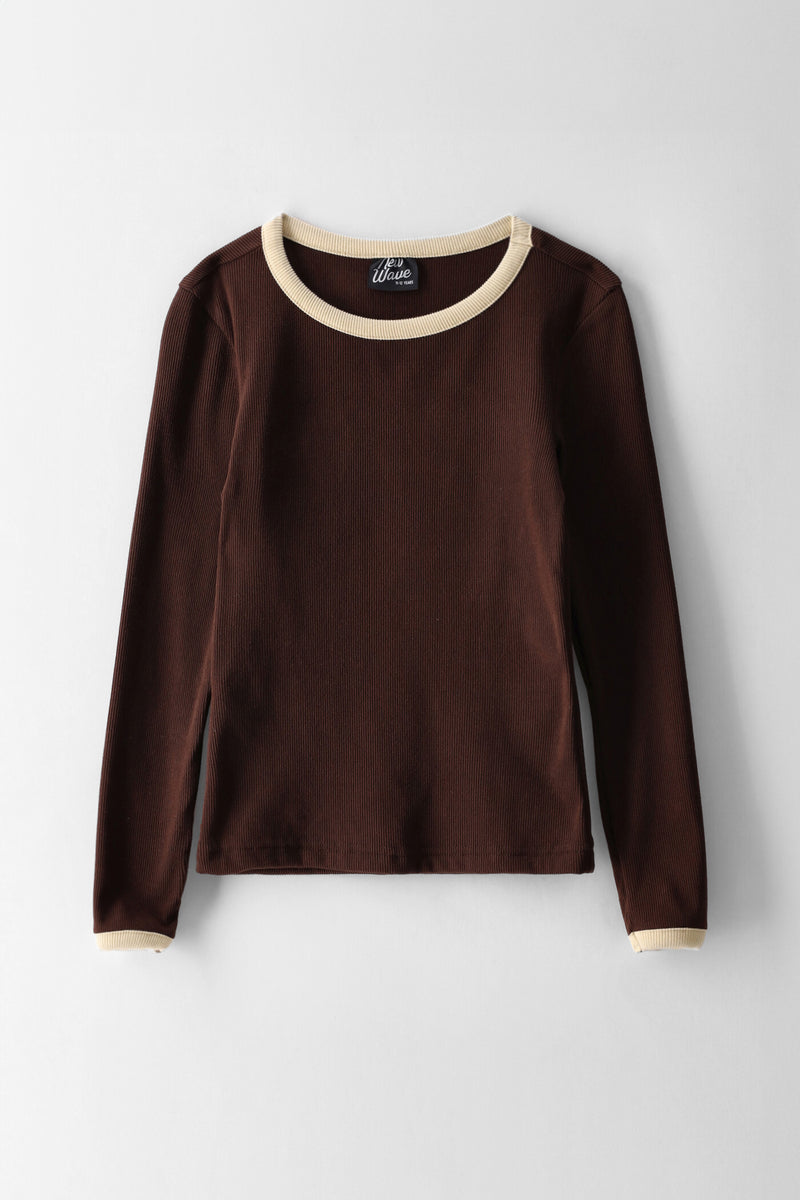 Girls Contrast Binding Ribbed Long Sleeve Tee - Brown