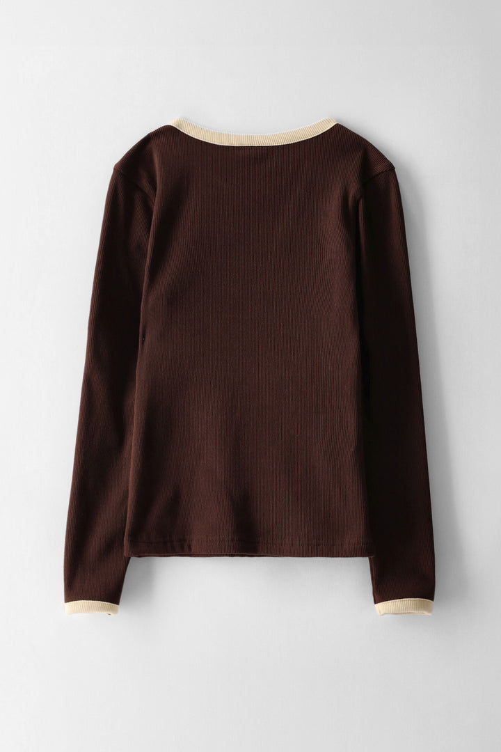 Girls Contrast Binding Ribbed Long Sleeve Tee - Brown
