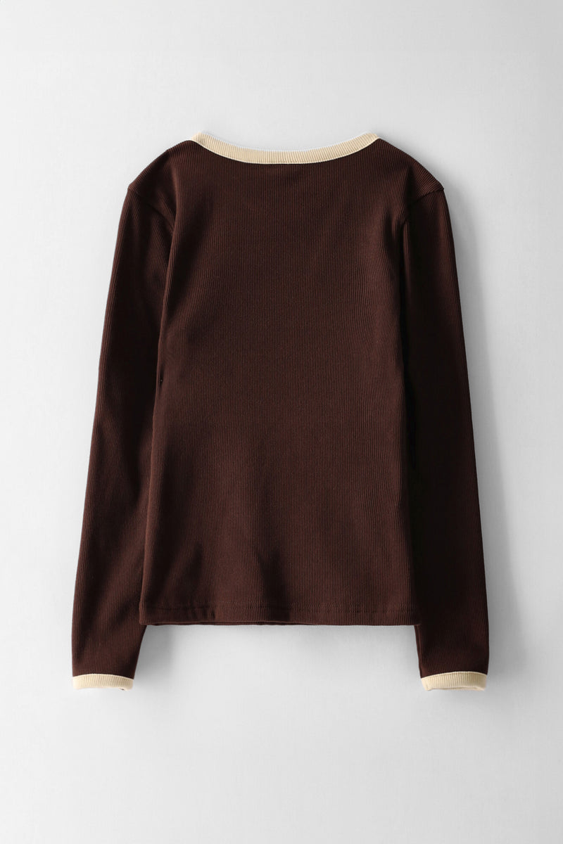 Girls Contrast Binding Ribbed Long Sleeve Tee - Brown