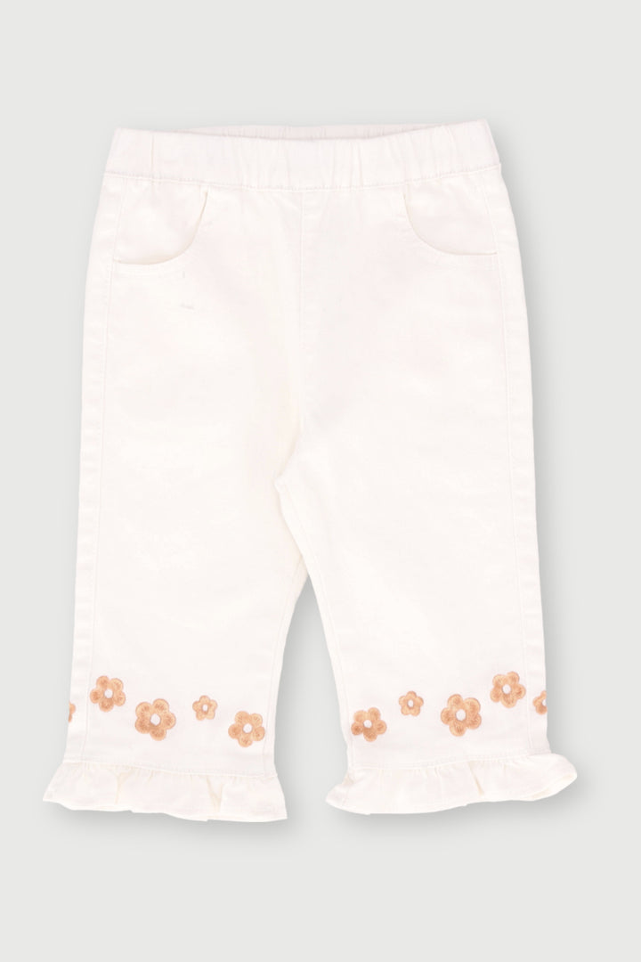 Baby Girls Embroidered Twill Pants - Cream