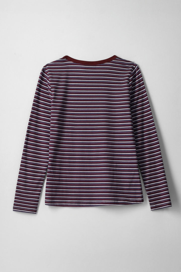 Girls Multi Stripe Fitted Long Sleeve Tee - Maroon