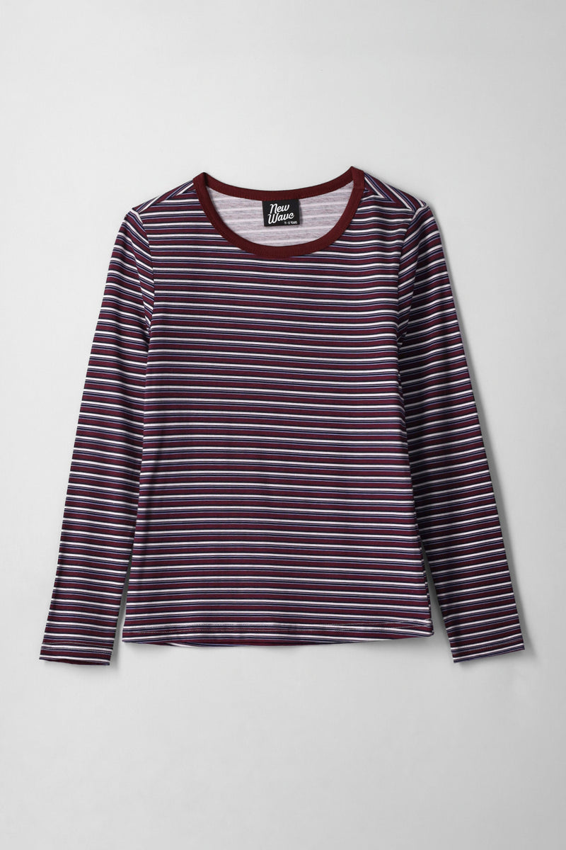Girls Multi Stripe Fitted Long Sleeve Tee - Maroon