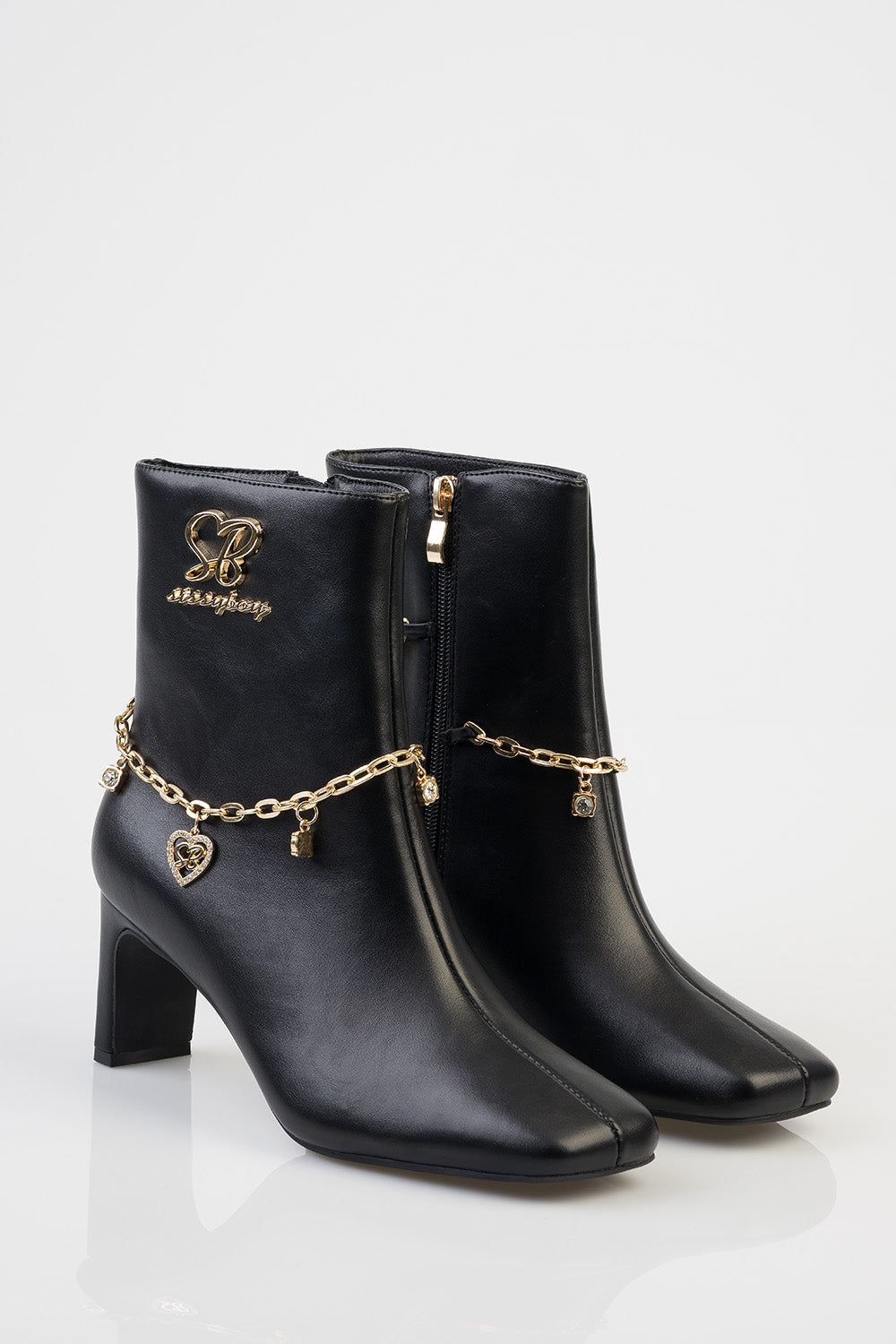 Loana Ankle Chain Detail Heel Boot - Black