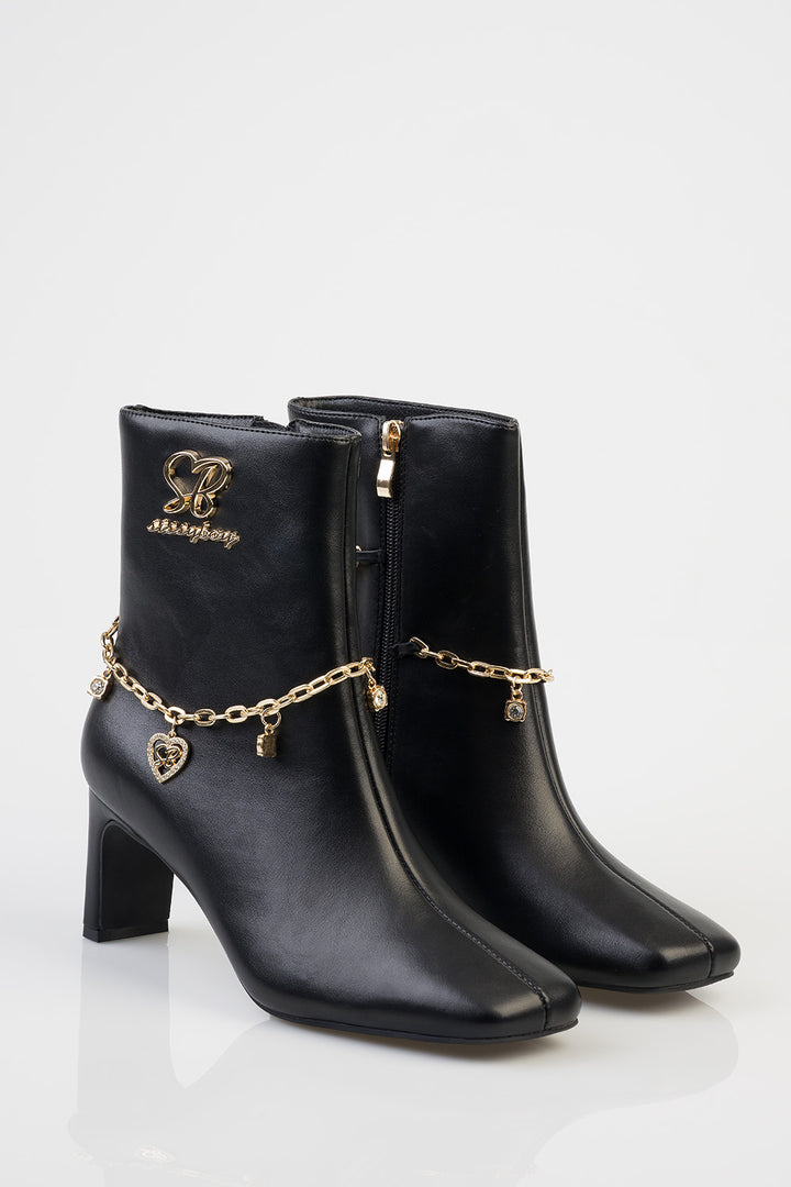 Loana Ankle Chain Detail Heel Boot - Black