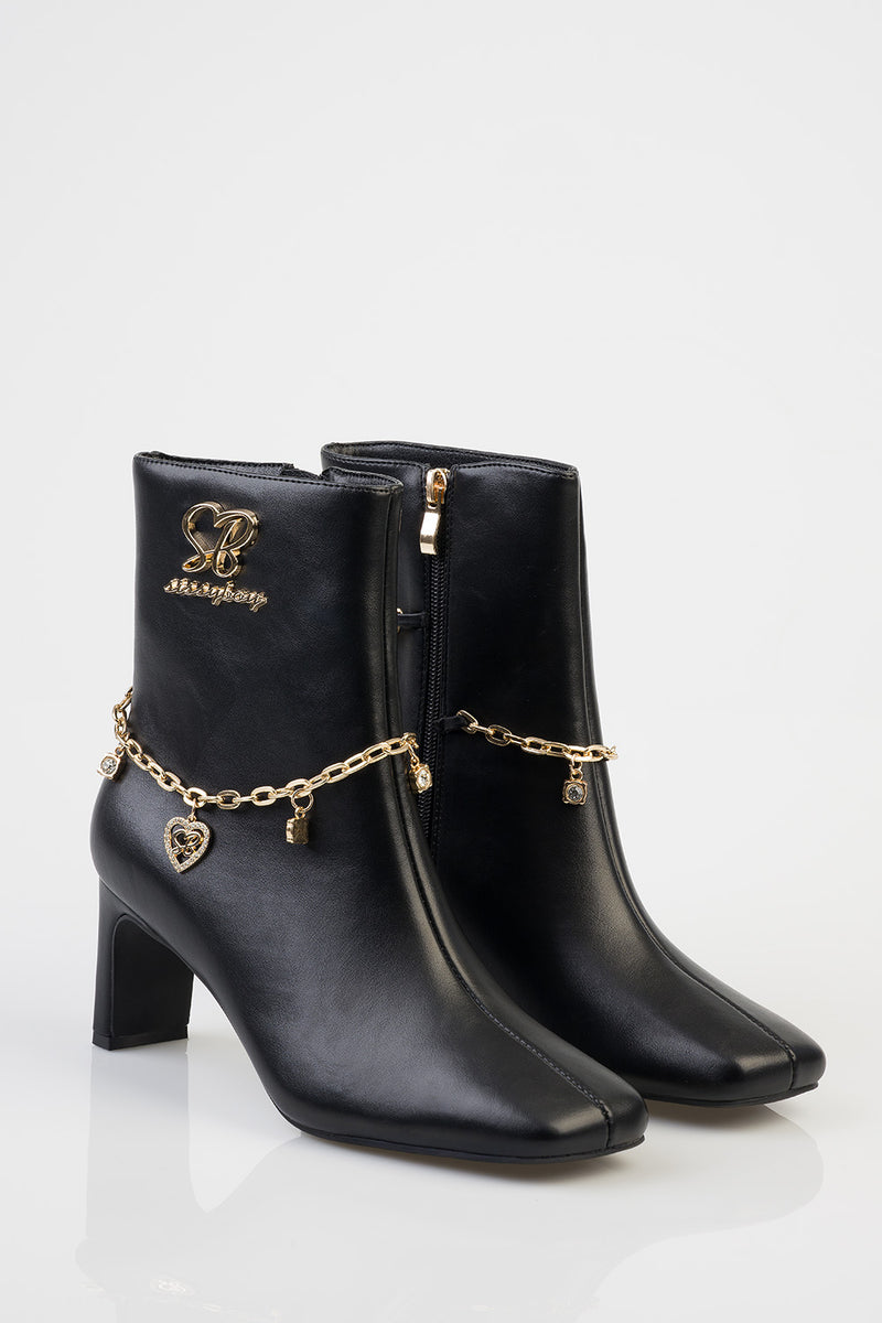 Loana Ankle Chain Detail Heel Boot - Black
