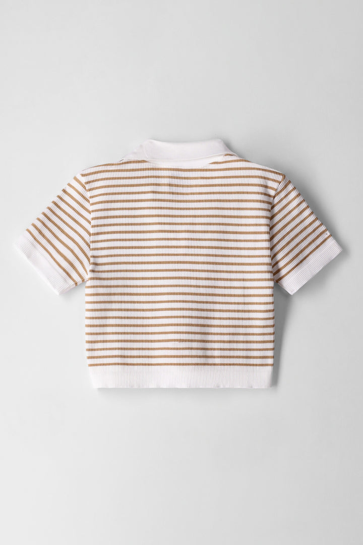 Girls Stripe J Collar Top - Cream