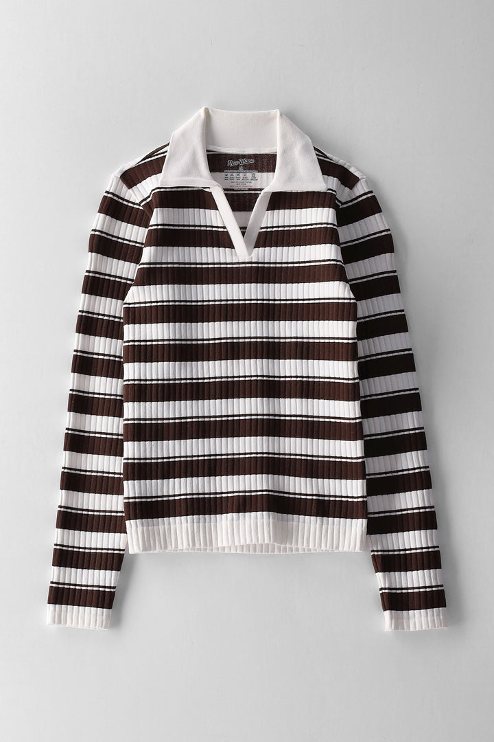 Girls Long Sleeve Striped J Collar Top - Cream/Chocolate