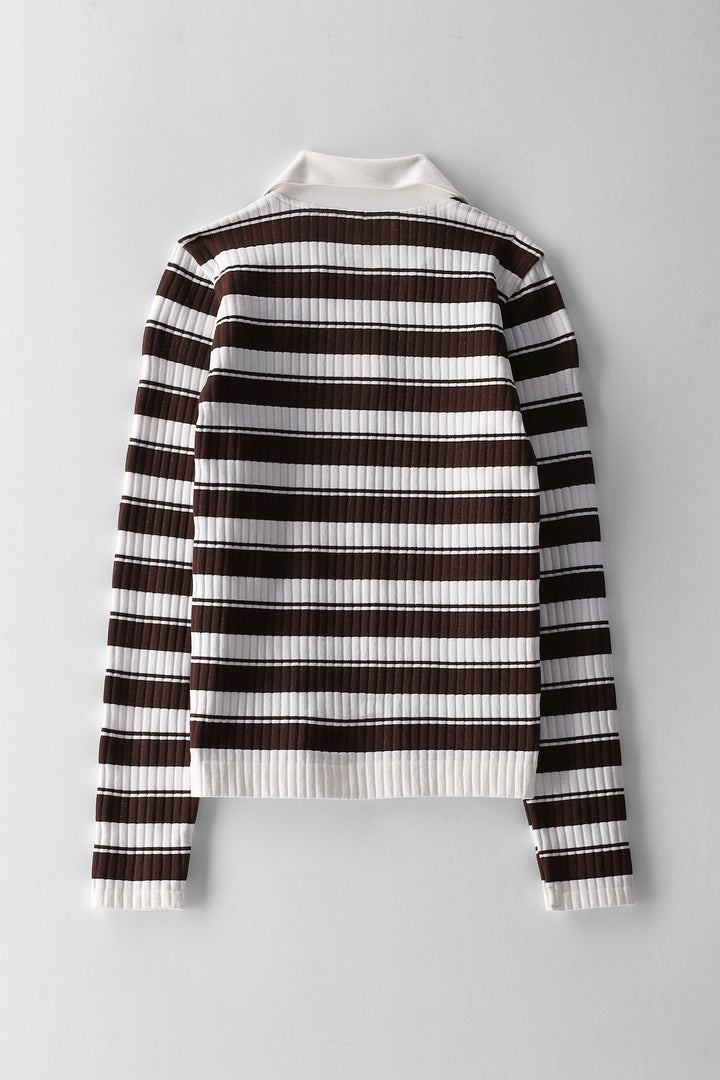 Girls Long Sleeve Striped J Collar Top - Cream/Chocolate