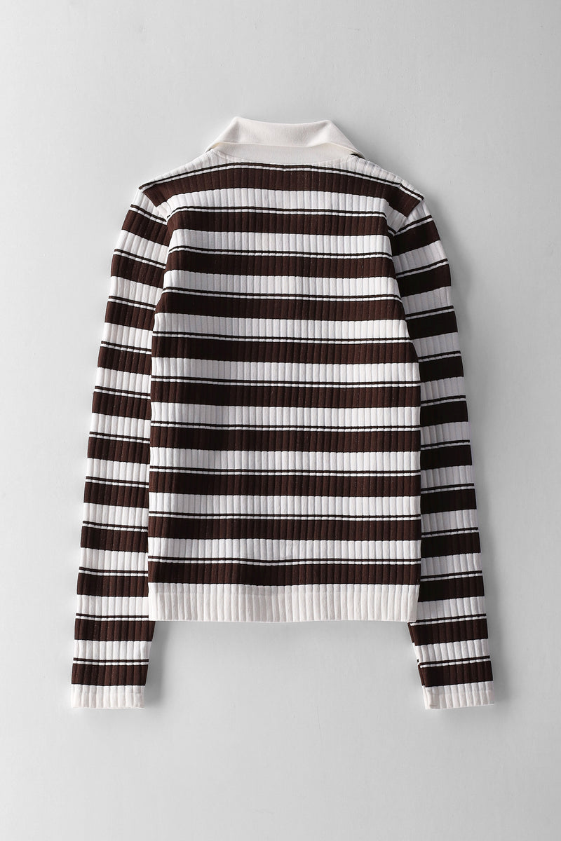 Girls Long Sleeve Striped J Collar Top - Cream/Chocolate