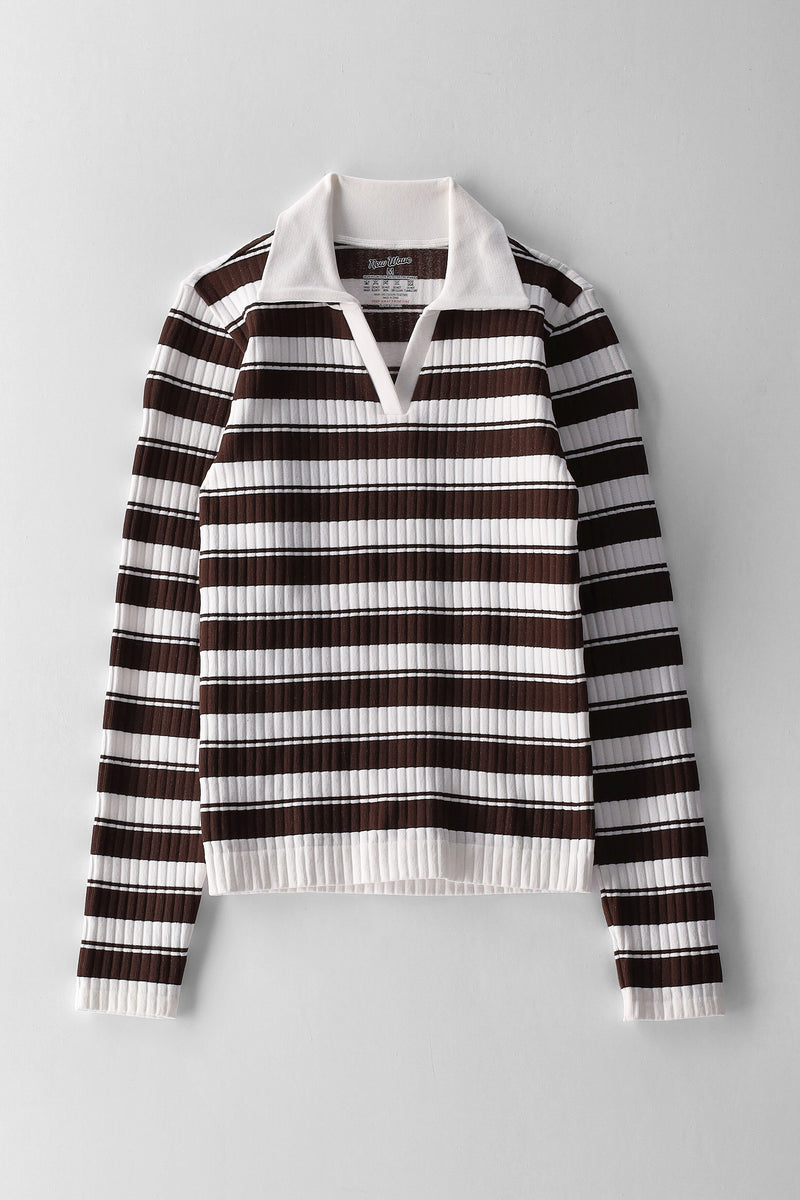 Girls Long Sleeve Striped J Collar Top - Cream/Chocolate