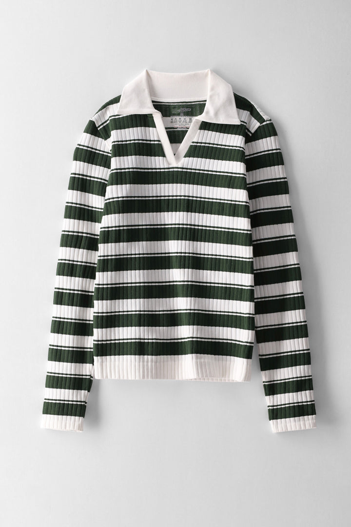 Girls Striped Johnny Collar Long Sleeve Top - Cream/Fatigue