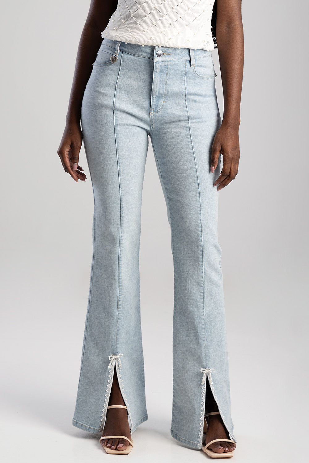 Mid Waist Bootleg Denim With Trim - Light Wash