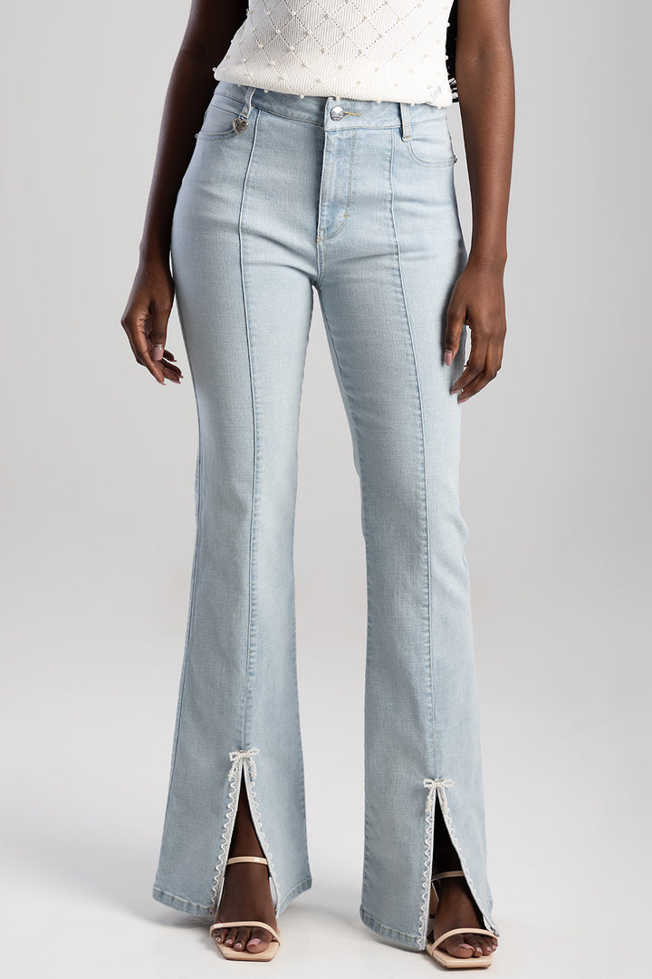 Mid Waist Bootleg Denim With Trim - Light Wash