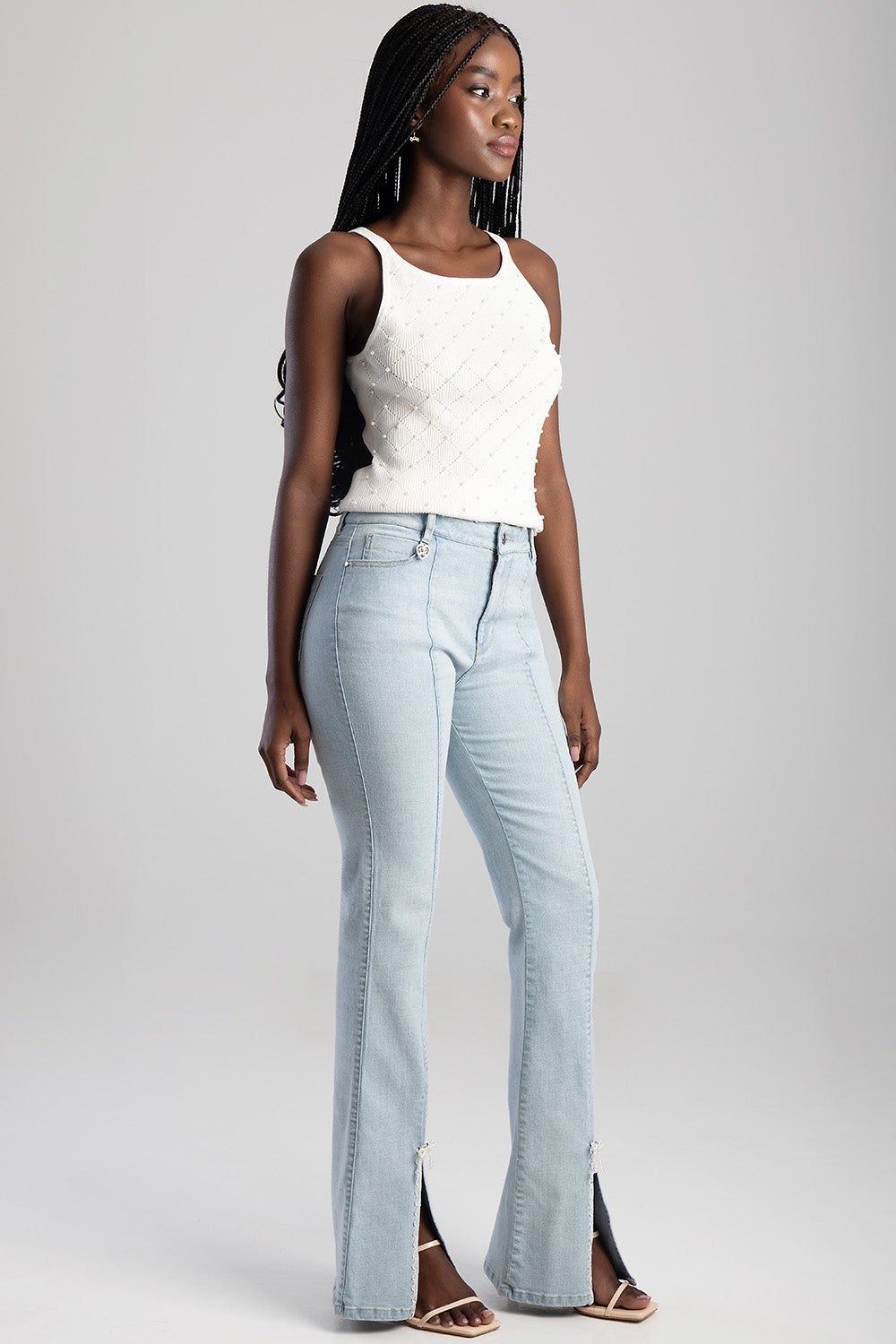 Mid Waist Bootleg Denim With Trim - Light Wash