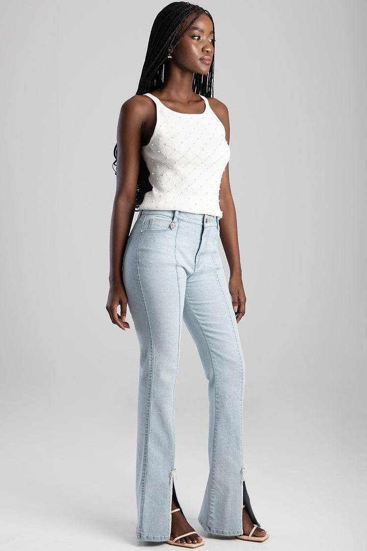 Mid Waist Bootleg Denim With Trim - Light Wash