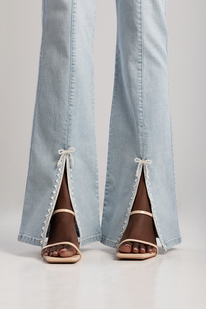 Mid Waist Bootleg Denim With Trim - Light Wash