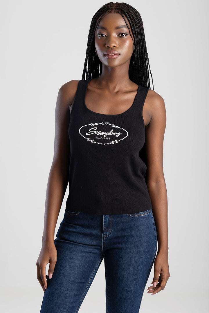 Sleeveless Knit Top With Embroidered Logo Design - Black