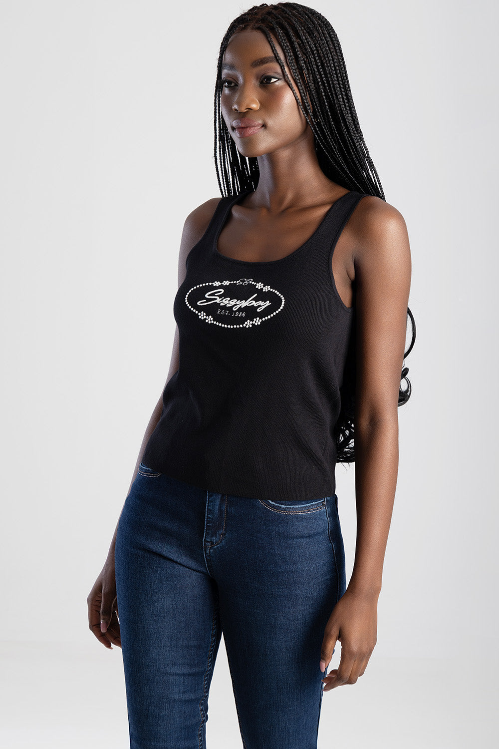 Sleeveless Knit Top With Embroidered Logo Design - Black