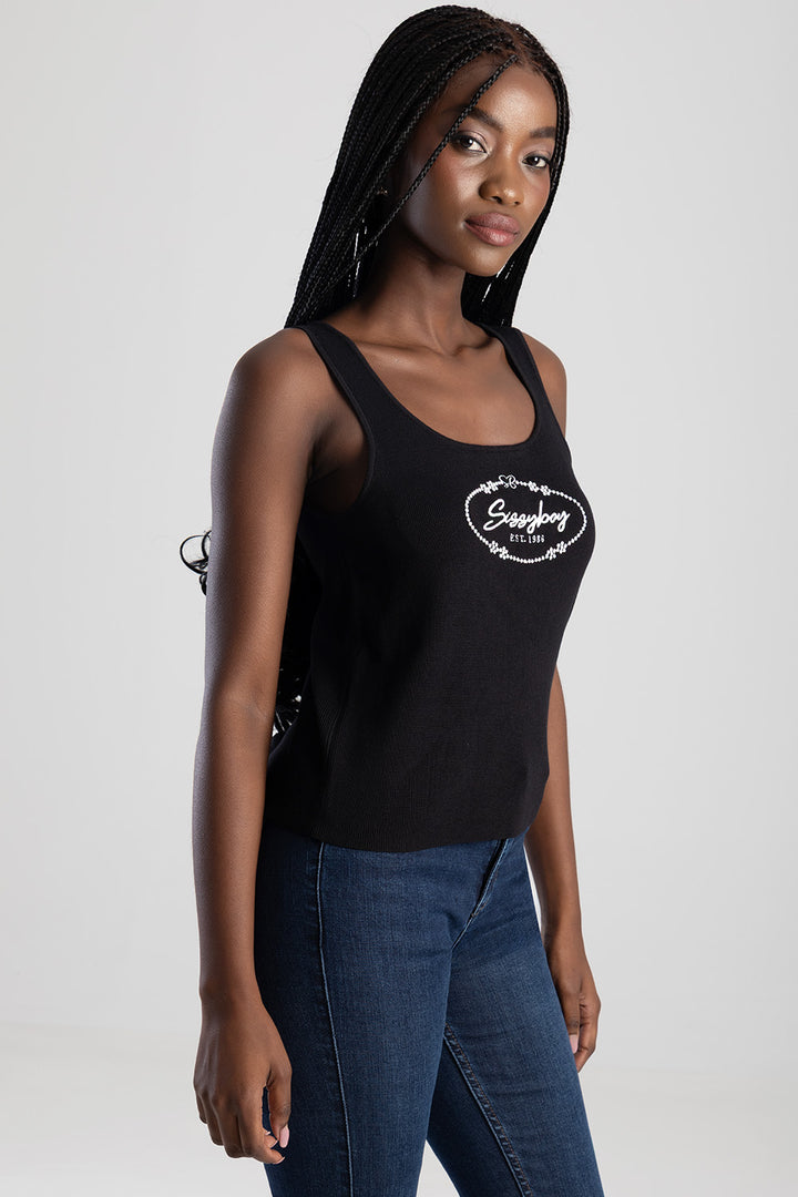 Sleeveless Knit Top With Embroidered Logo Design - Black