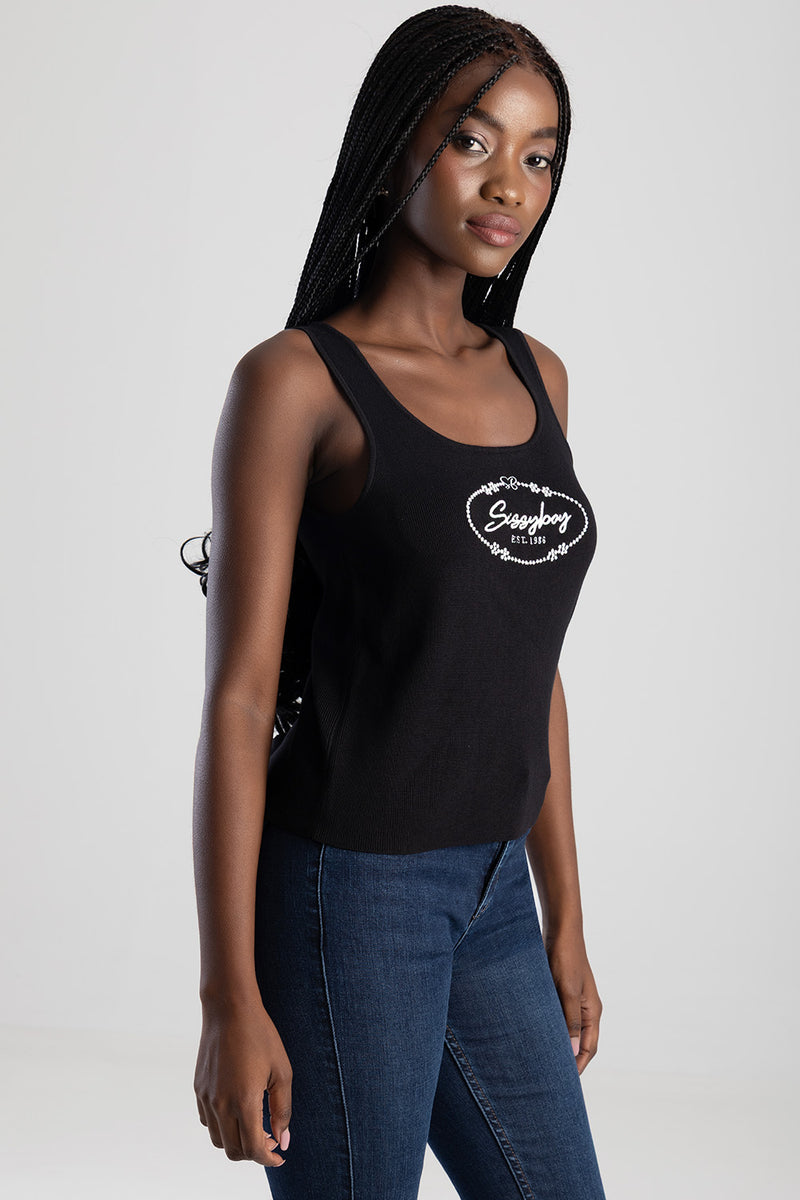 Sleeveless Knit Top With Embroidered Logo Design - Black