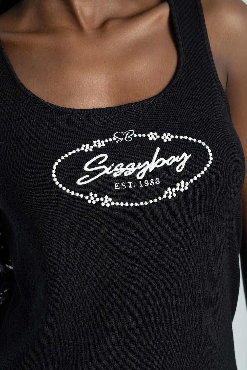 Sleeveless Knit Top With Embroidered Logo Design - Black
