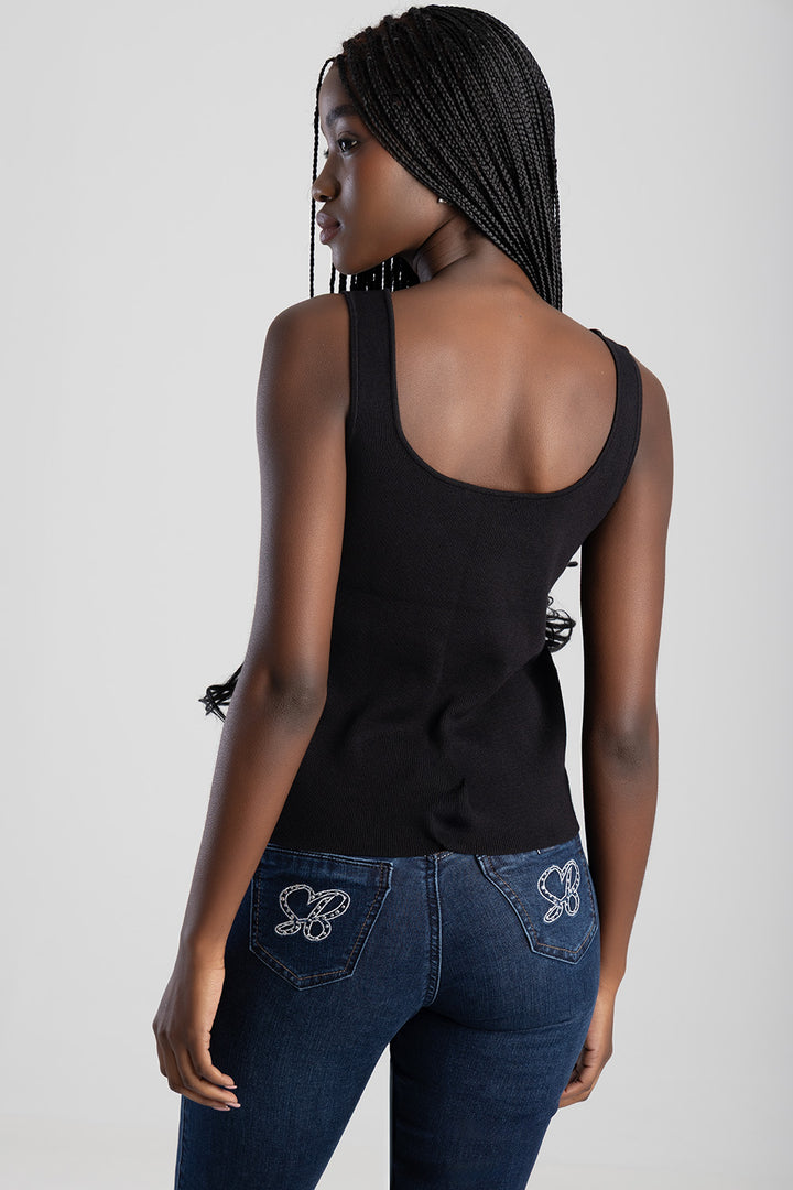Sleeveless Knit Top With Embroidered Logo Design - Black
