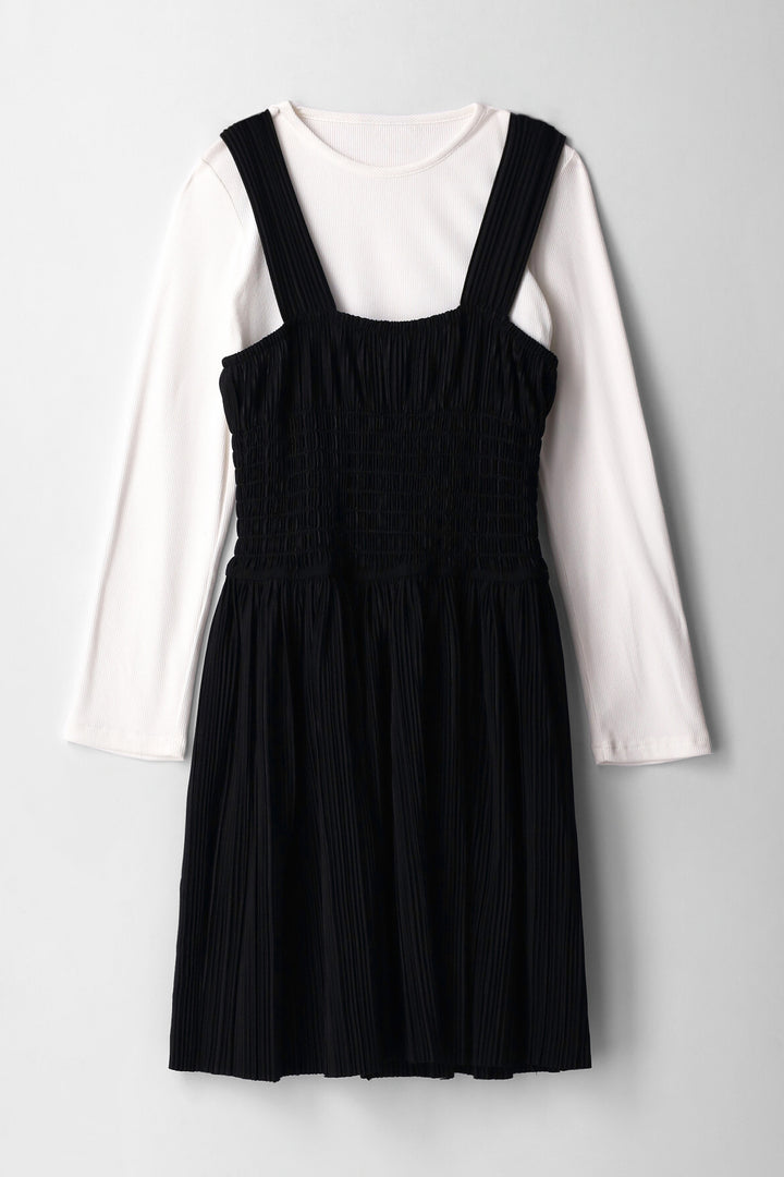 Girls Ribbed Long Sleeve Bodre Shirred Flare Dress - Black