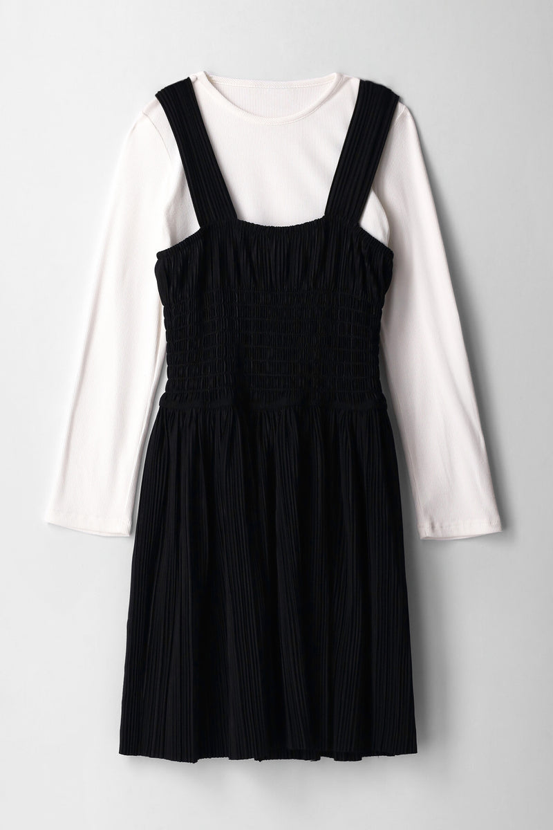 Girls Ribbed Long Sleeve Bodre Shirred Flare Dress - Black
