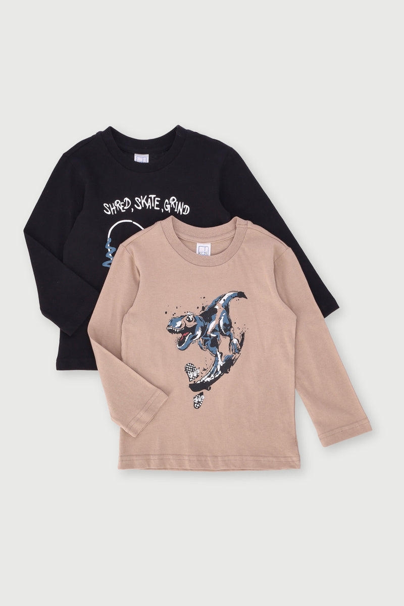 Pre-Boys 2 Pack Long Sleeve Skate & Dino Tee - Black/Brown