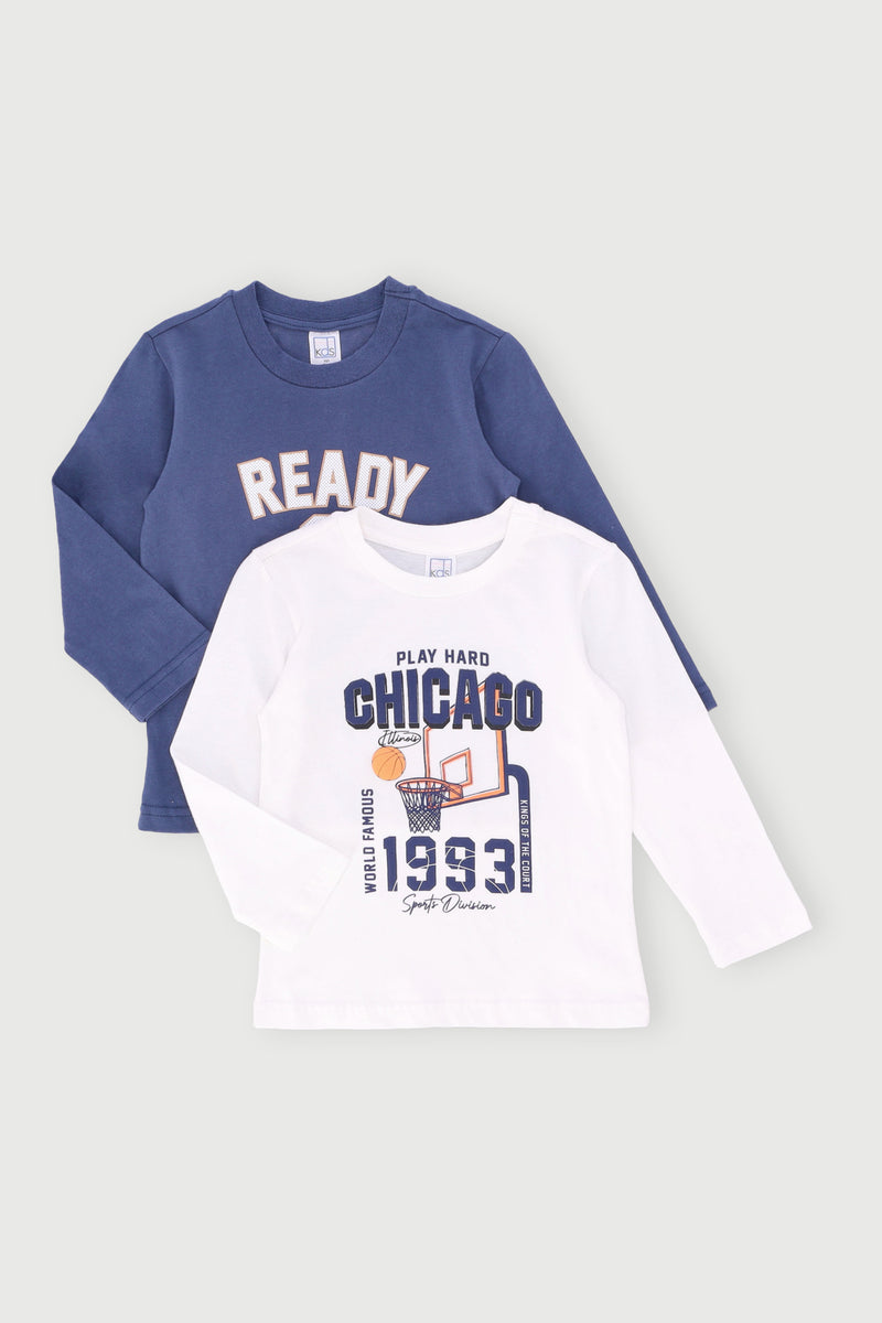 Pre-Boys 2 Pack Long Sleeve Basketball Tee - Cream/Blue