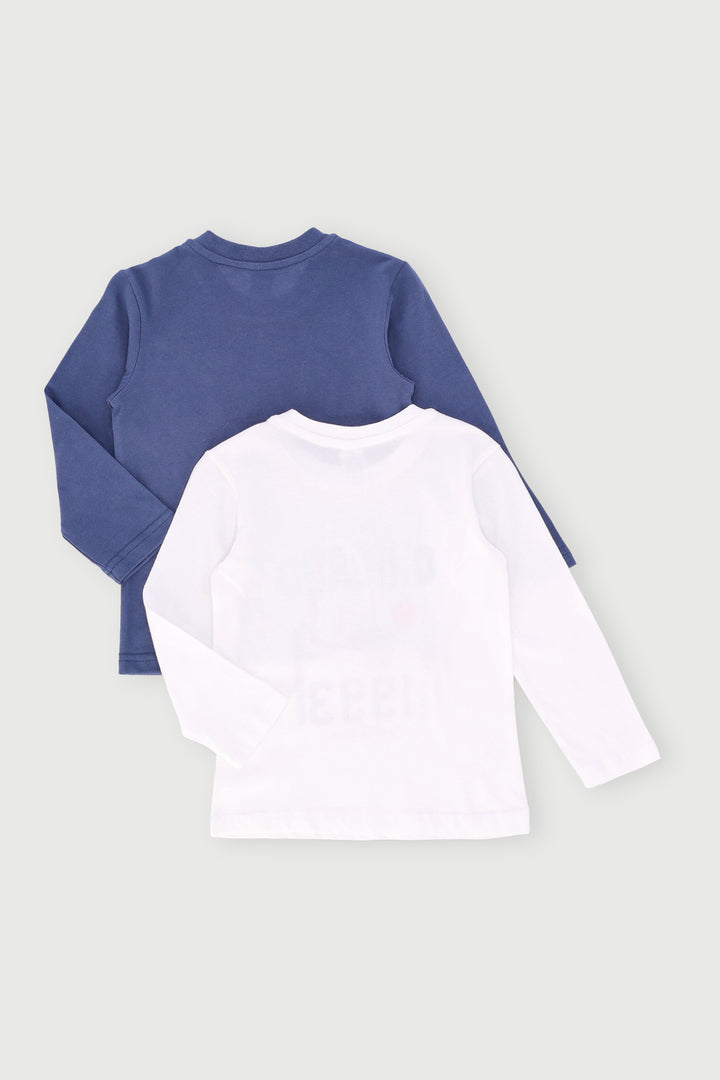 Pre-Boys 2 Pack Long Sleeve Basketball Tee - Cream/Blue